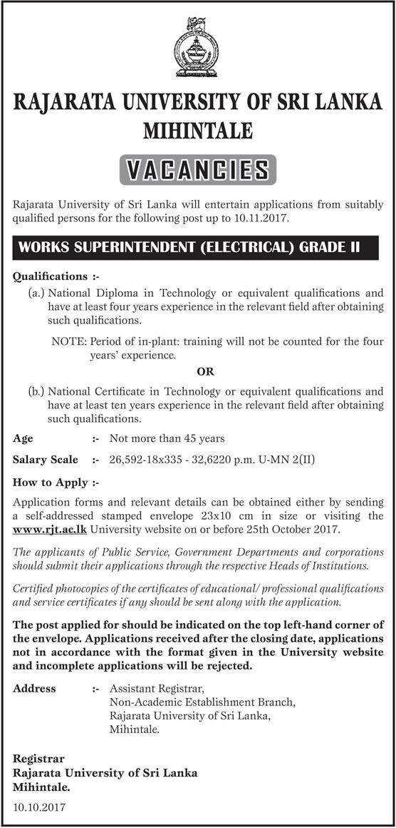 Works Superintendent (Electrical) - Rajarata University - Mihintale